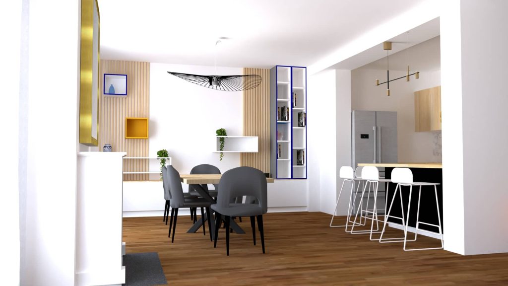 Décoration intérieure d'un salon, salle à manger avec création de bibliothèque claustra en bois et tasseaux de bois, par décoratrice sceneri design d'intérieur 