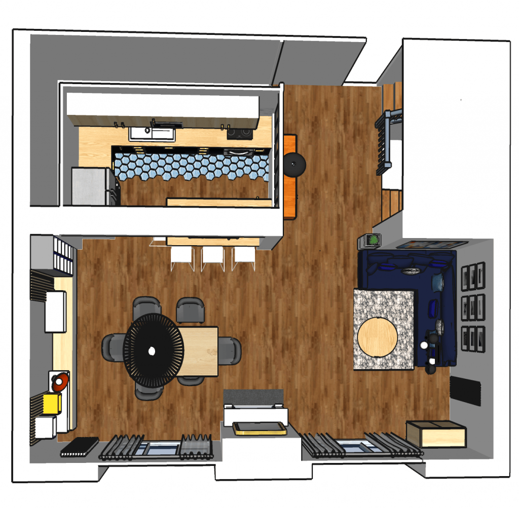 Plan aménagement intérieur d'un salon, salle à manger, cuisine ouverte avec création de bibliothèque claustra en bois et tasseaux de bois, par décoratrice, sceneri design d'intérieur 